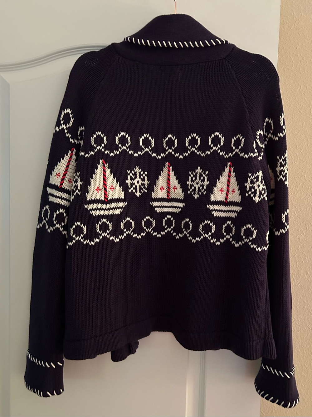 Marea By Liz Joy Nautical Sailboat Intarsia Knit Shawl Cardigan Navy Blue Medium - Picture 2 of 8